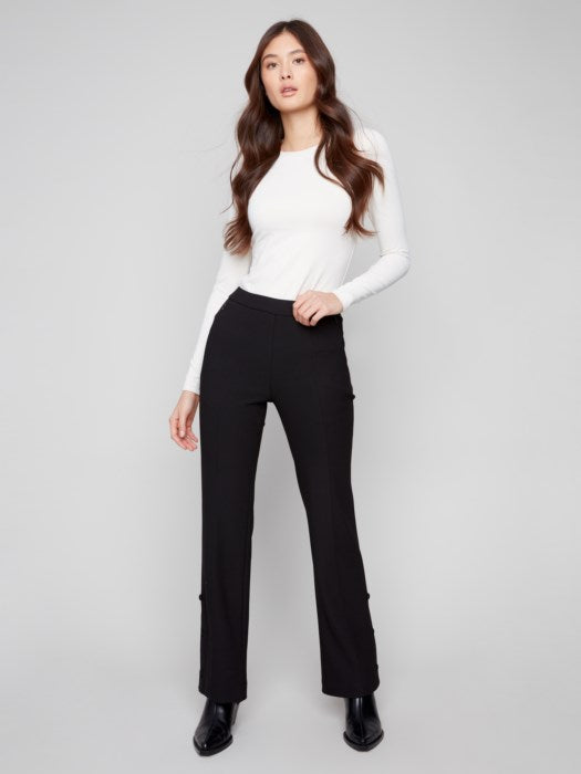 Charlie B Gutsy Crepe Flare Pants with Buttons and Hem Slit