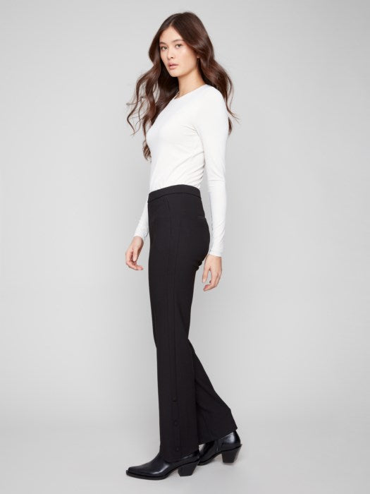 Charlie B Gutsy Crepe Flare Pants with Buttons and Hem Slit