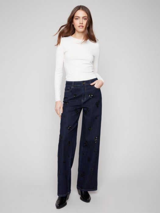 Charlie B Wide Leg Stretch Denim Pants with Allover Sequin Clustered Embroidery