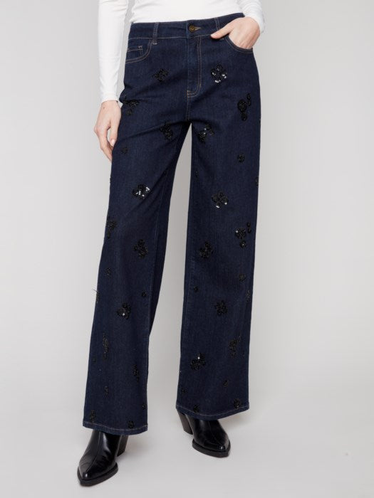 Charlie B Wide Leg Stretch Denim Pants with Allover Sequin Clustered Embroidery