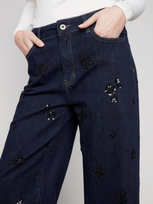 Charlie B Wide Leg Stretch Denim Pants with Allover Sequin Clustered Embroidery