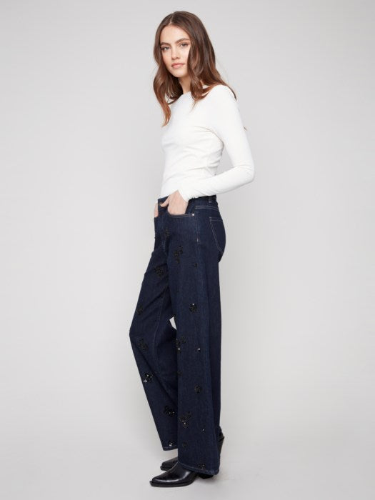 Charlie B Wide Leg Stretch Denim Pants with Allover Sequin Clustered Embroidery