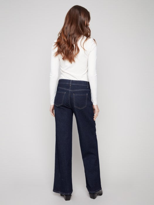 Charlie B Wide Leg Stretch Denim Pants with Allover Sequin Clustered Embroidery