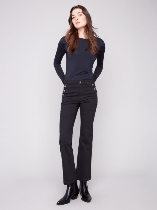 Charlie B Flare Leg Colored Twill Pant with Button on Pockets