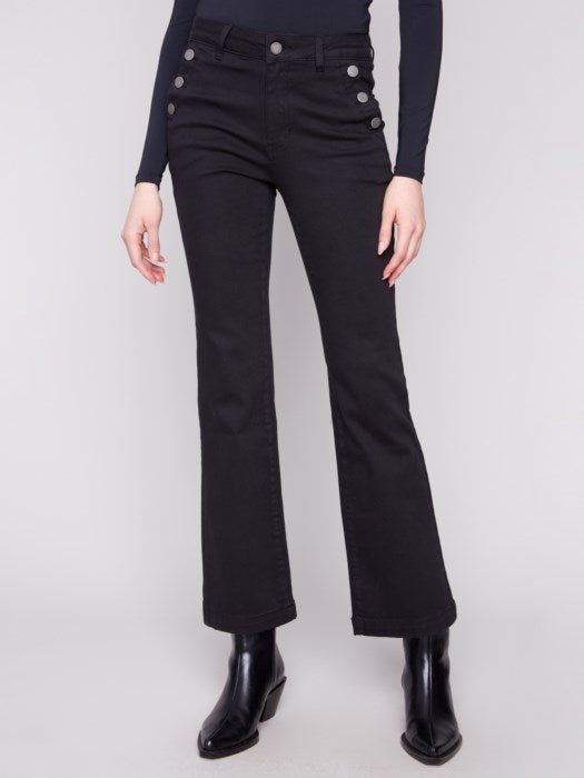 Charlie B Flare Leg Colored Twill Pant with Button on Pockets