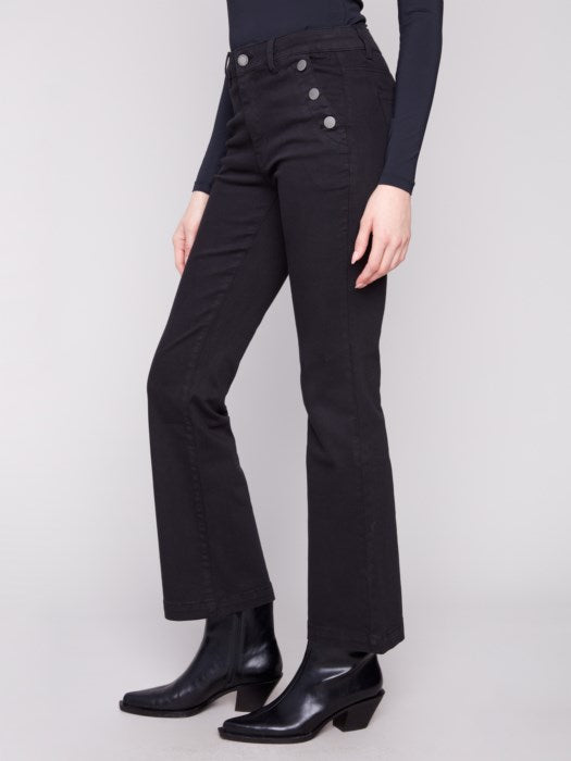 Charlie B Flare Leg Colored Twill Pant with Button on Pockets