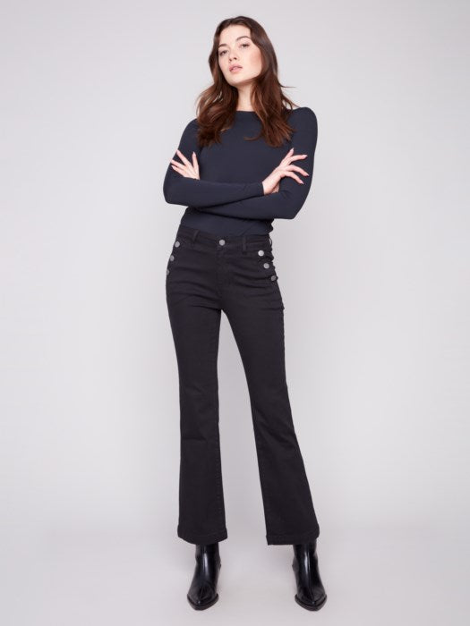 Charlie B Flare Leg Colored Twill Pant with Button on Pockets