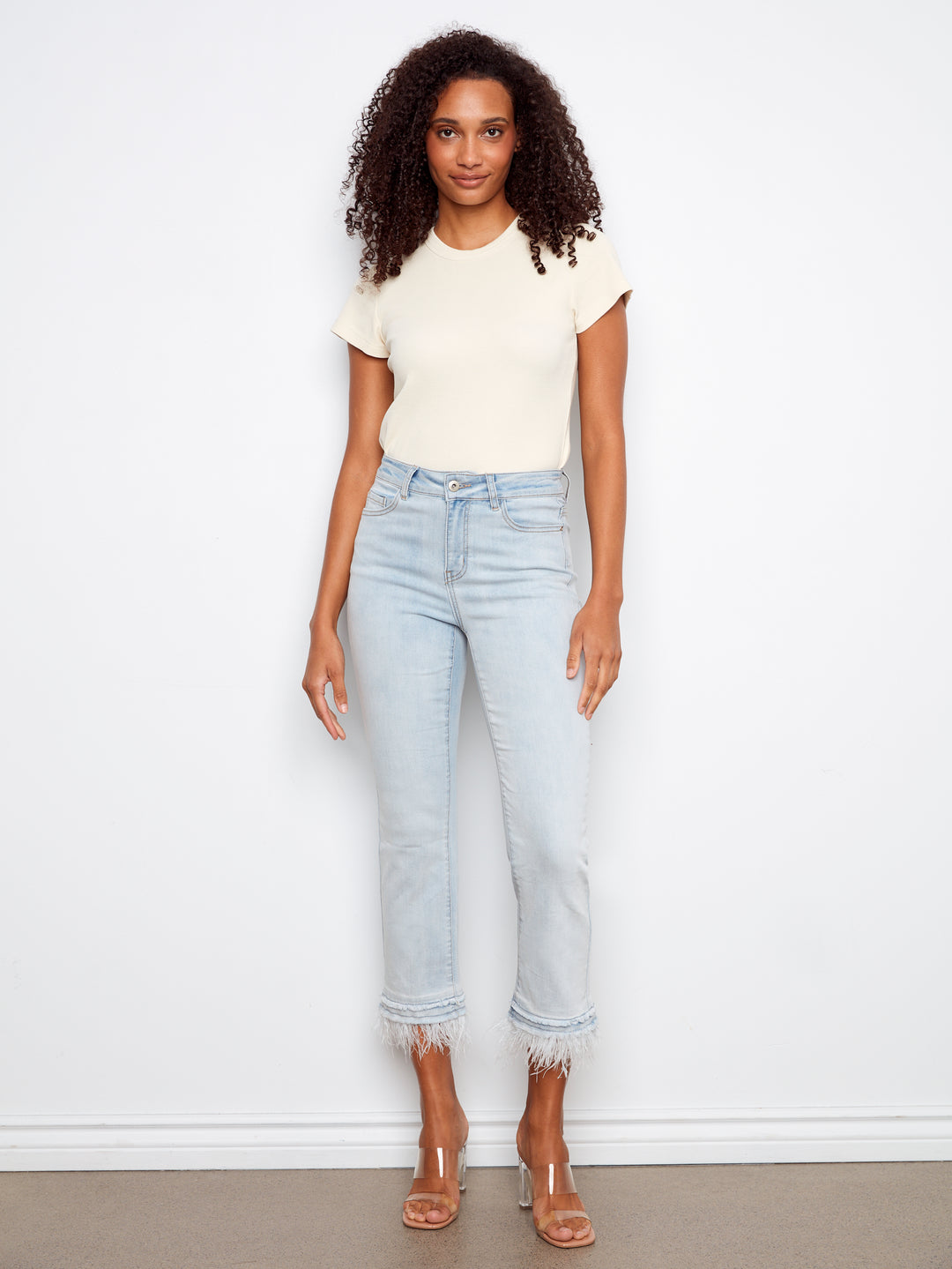 Charlie B Stretch Denim Flare Jean With Removable Feather Trim At Hem