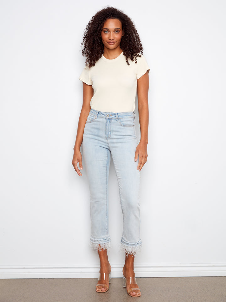 Charlie B Stretch Denim Flare Jean With Removable Feather Trim At Hem