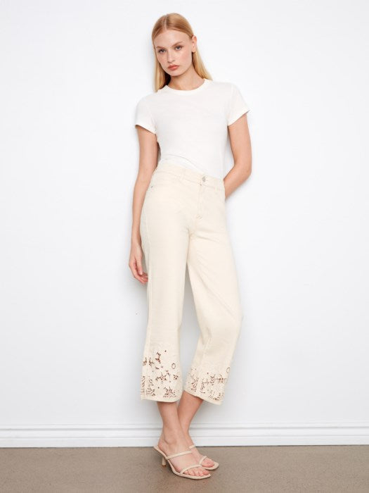 Charlie B Cropped Flare Twill Jeans With Floral Lace Hem