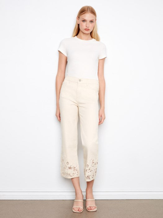 Charlie B Cropped Flare Twill Jeans With Floral Lace Hem