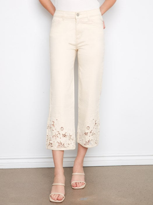 Charlie B Cropped Flare Twill Jeans With Floral Lace Hem