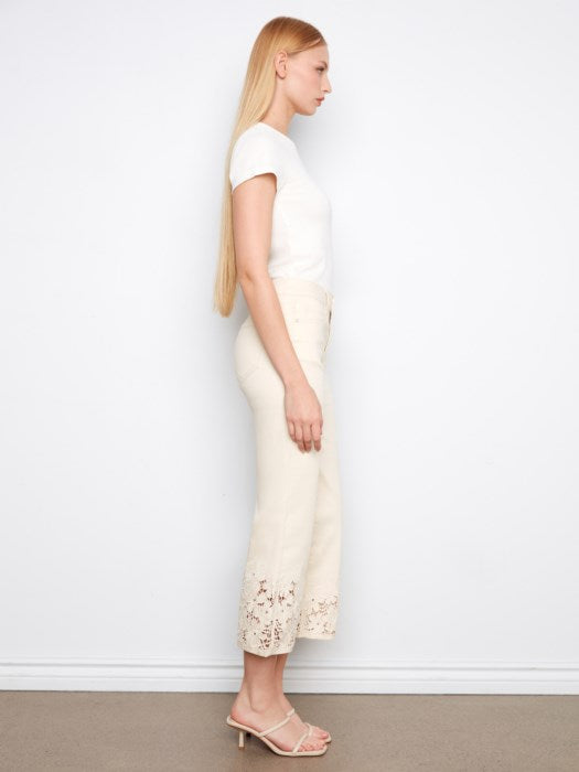 Charlie B Cropped Flare Twill Jeans With Floral Lace Hem