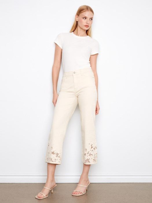 Charlie B Cropped Flare Twill Jeans With Floral Lace Hem
