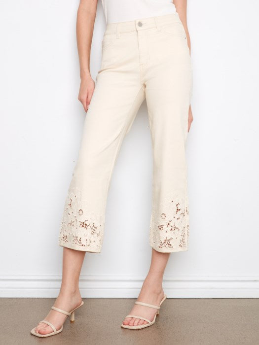 Charlie B Cropped Flare Twill Jeans With Floral Lace Hem