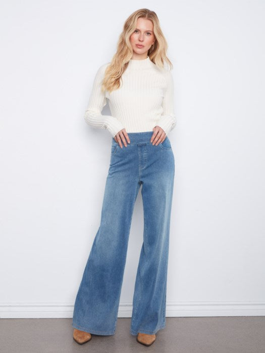 Charlie B Knit Denim Pull On Wide Leg Pants