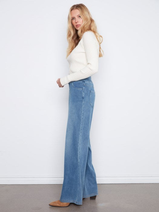 Charlie B Knit Denim Pull On Wide Leg Pants