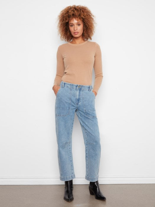 Charlie B Barrel Leg Denim Pants With Patch Pockets