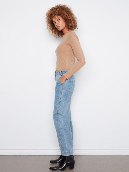 Charlie B Barrel Leg Denim Pants With Patch Pockets