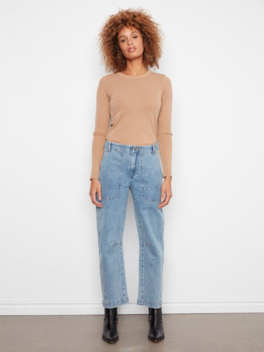 Charlie B Barrel Leg Denim Pants With Patch Pockets