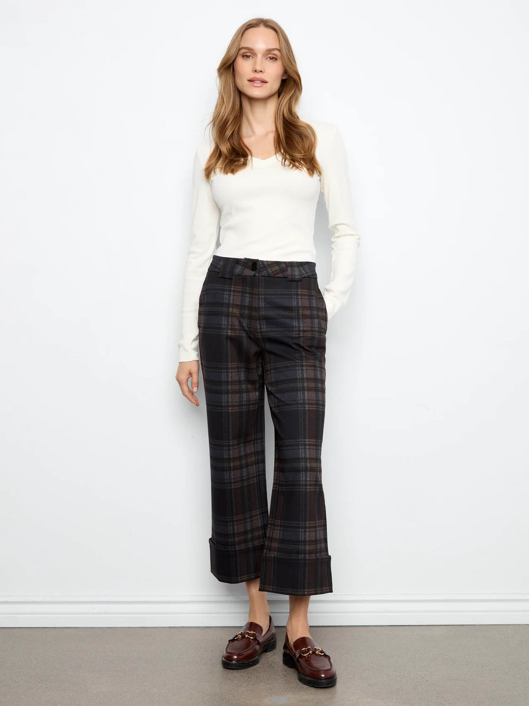 Charlie B PDR Printed Plaid Wide Leg Pant With Cuff At Hem