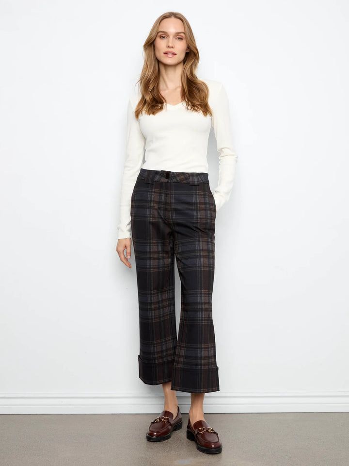 Charlie B PDR Printed Plaid Wide Leg Pant With Cuff At Hem