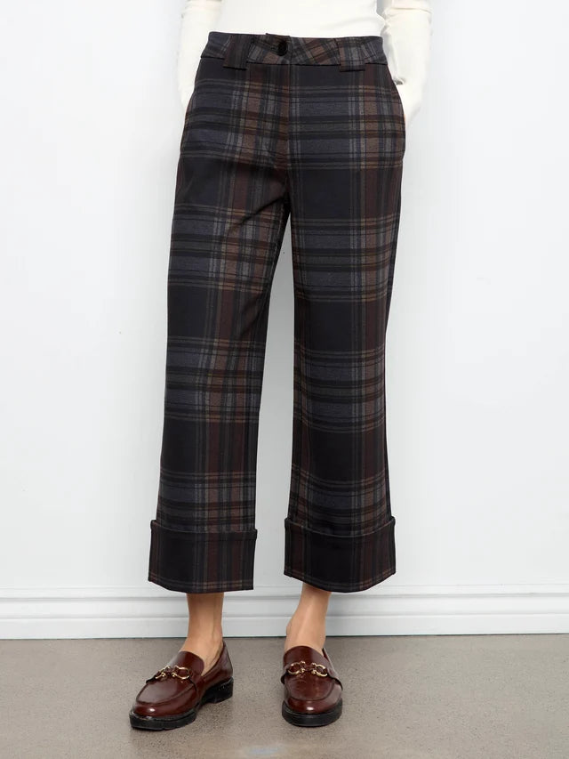 Charlie B PDR Printed Plaid Wide Leg Pant With Cuff At Hem