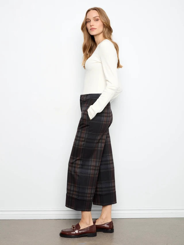 Charlie B PDR Printed Plaid Wide Leg Pant With Cuff At Hem