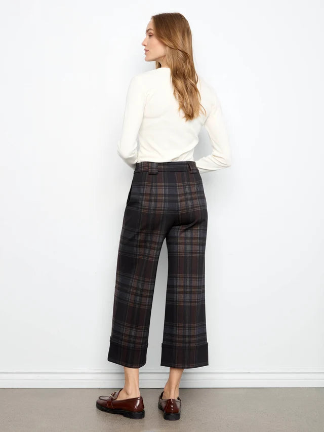 Charlie B PDR Printed Plaid Wide Leg Pant With Cuff At Hem