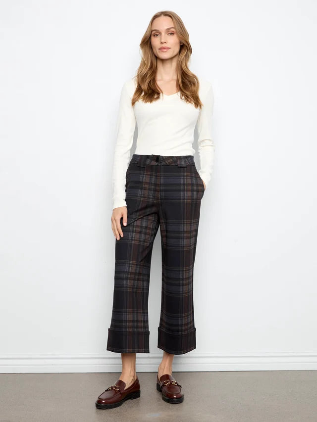 Charlie B PDR Printed Plaid Wide Leg Pant With Cuff At Hem