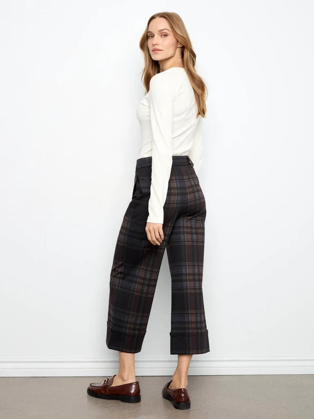 Charlie B PDR Printed Plaid Wide Leg Pant With Cuff At Hem