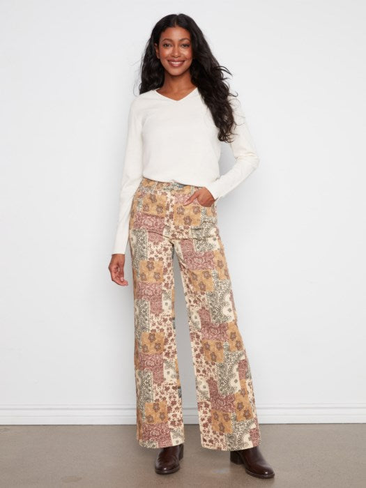 Charlie B Long Wide Leg Printed Twill Pants