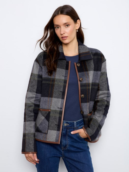 Charlie B Reversible Plaid Jacket With Leather Binding