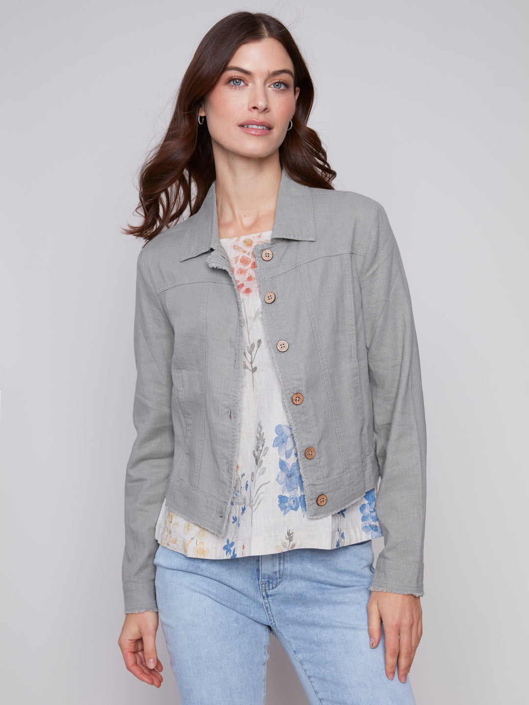 Charlie B Solid Long Sleeve Button Front Linen Jacket
