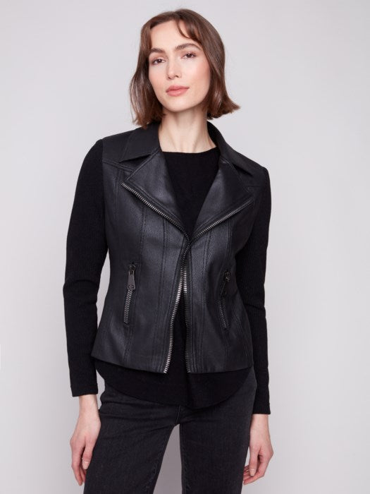 Charlie B Vintage Faux Leather And Rib Knit Combo Jacket