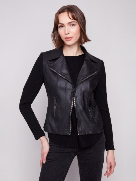 Charlie B Vintage Faux Leather And Rib Knit Combo Jacket