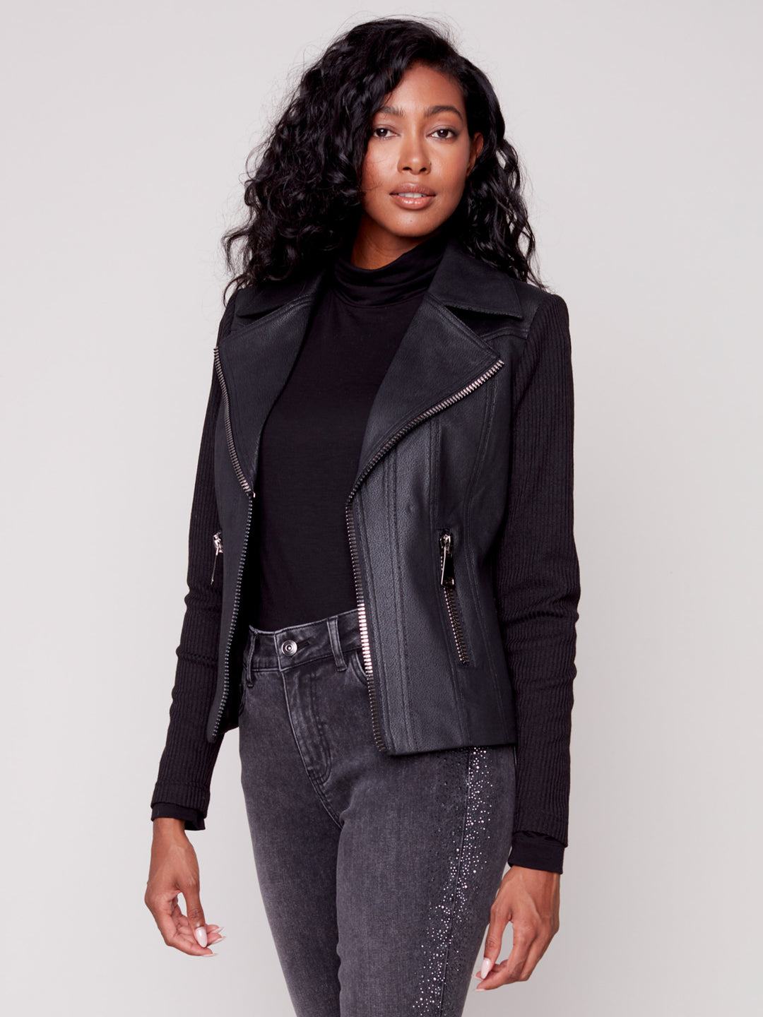 Charlie B Vintage Faux Leather and Rib Knit Combo Perfecto Jacket ...