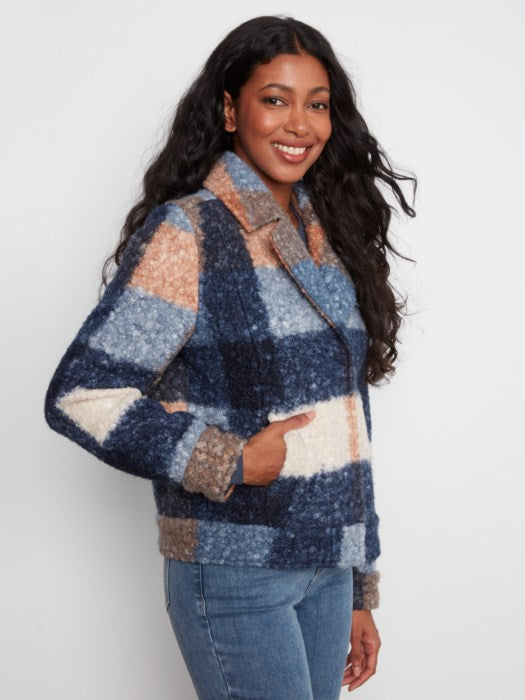 Charlie B Plaid Boucle Knit Short Coat