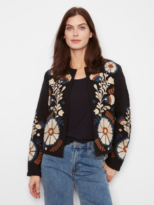 Charlie B Edge to Edge Embroidered Cotton Basketweave Collarless Jacket