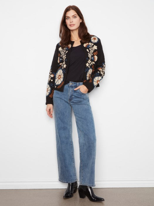 Charlie B Edge to Edge Embroidered Cotton Basketweave Collarless Jacket