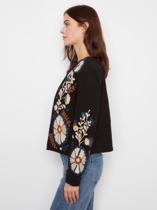 Charlie B Edge to Edge Embroidered Cotton Basketweave Collarless Jacket