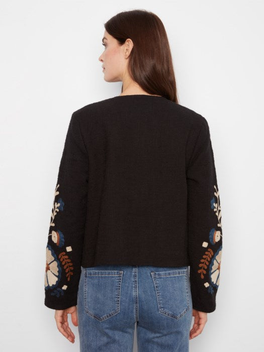 Charlie B Edge to Edge Embroidered Cotton Basketweave Collarless Jacket