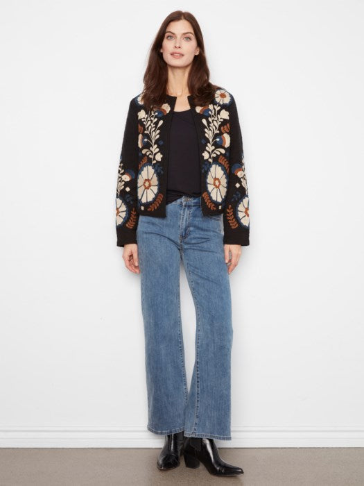 Charlie B Edge to Edge Embroidered Cotton Basketweave Collarless Jacket