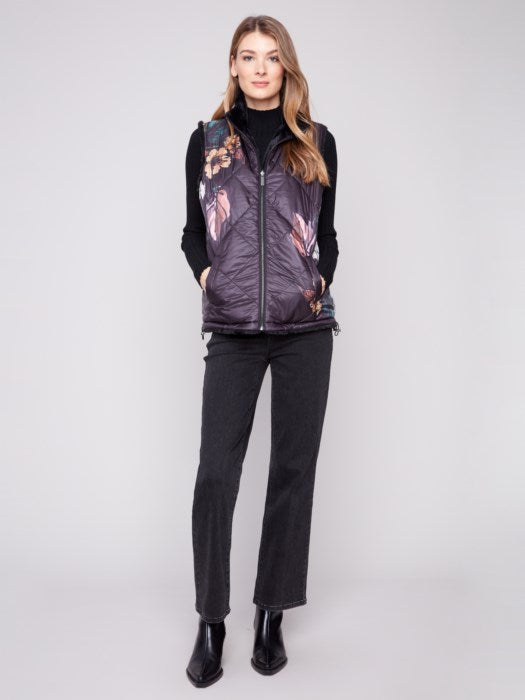 Charlie B Printed Reversible Quilted Faux Fur Nylon Vest