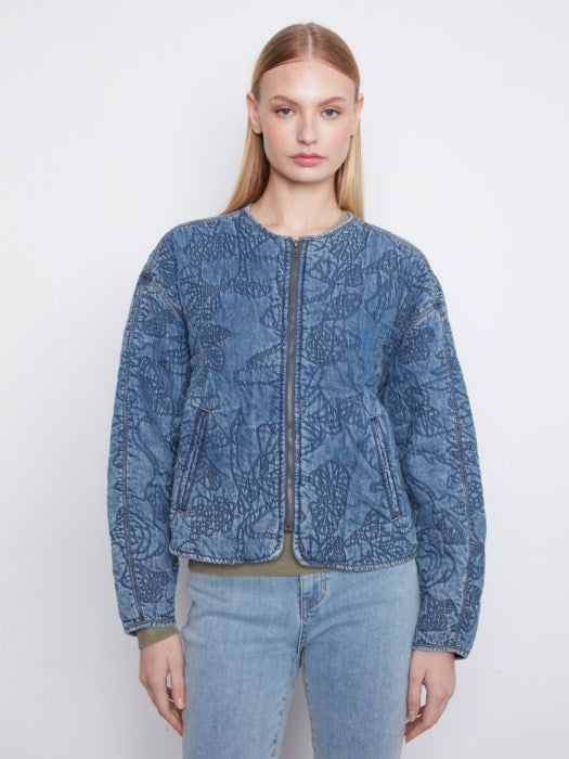 Charlie B Quilted Denim Tencel Bomber Jacket