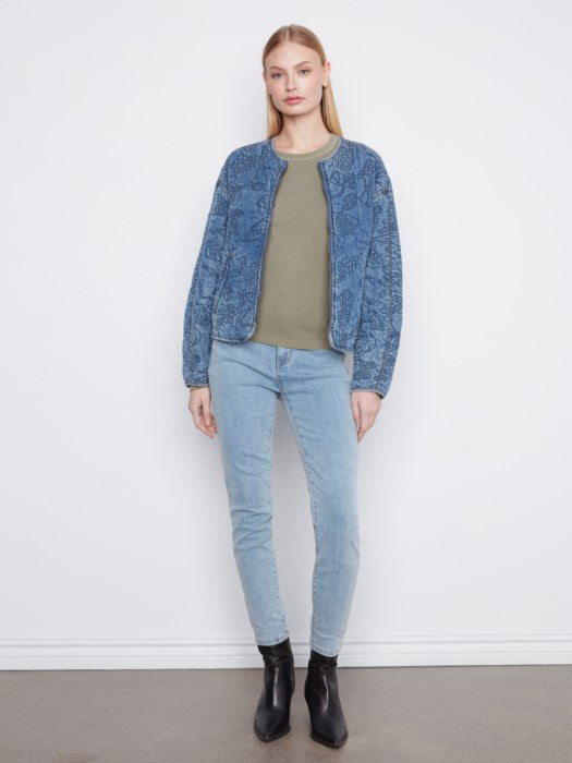 Charlie B Quilted Denim Tencel Bomber Jacket