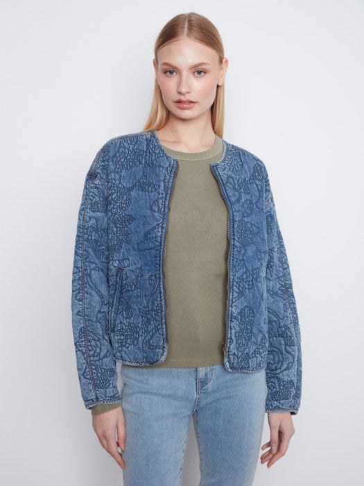 Charlie B Quilted Denim Tencel Bomber Jacket