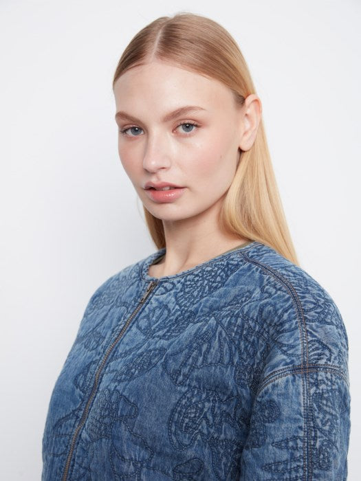 Charlie B Quilted Denim Tencel Bomber Jacket