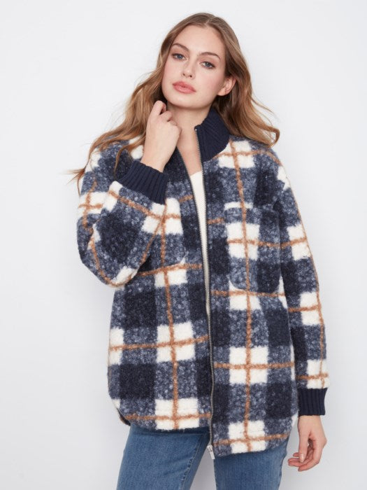 Charlie B Zipper Front Plaid Boucle Jacket With Rib Collar And Rounded Hem