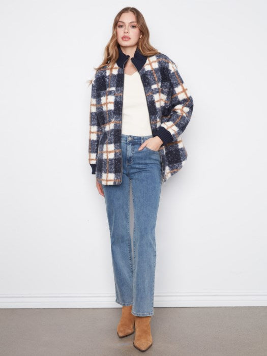 Charlie B Zipper Front Plaid Boucle Jacket With Rib Collar And Rounded Hem